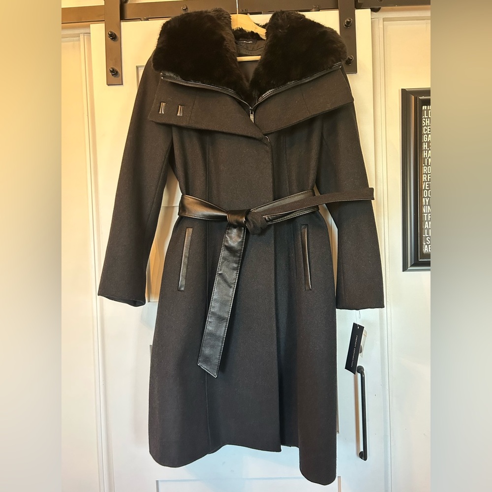 French Connection Charcoal Gray Black Leather Trim Coat size 10 NWT